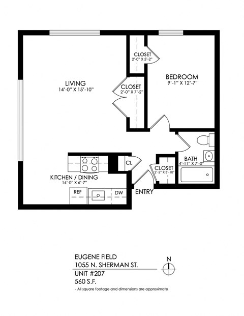 Floor plan for 1 bed, 1 bath, 650 sqft